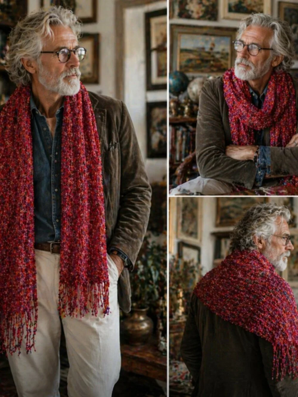 Vintage Textured Fringe Scarf – Red Pink Multi Knit | Soft Luxe Wrap